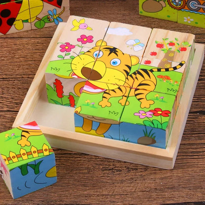 Early Learning Educational Toys Baby Wooden Blocks Toys Animal Fruit Traffic Cognize Children Six Side Cube Jigsaw Puzzles Game