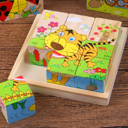 Early Learning Educational Toys Baby Wooden Blocks Toys Animal Fruit Traffic Cognize Children Six Side Cube Jigsaw Puzzles Game