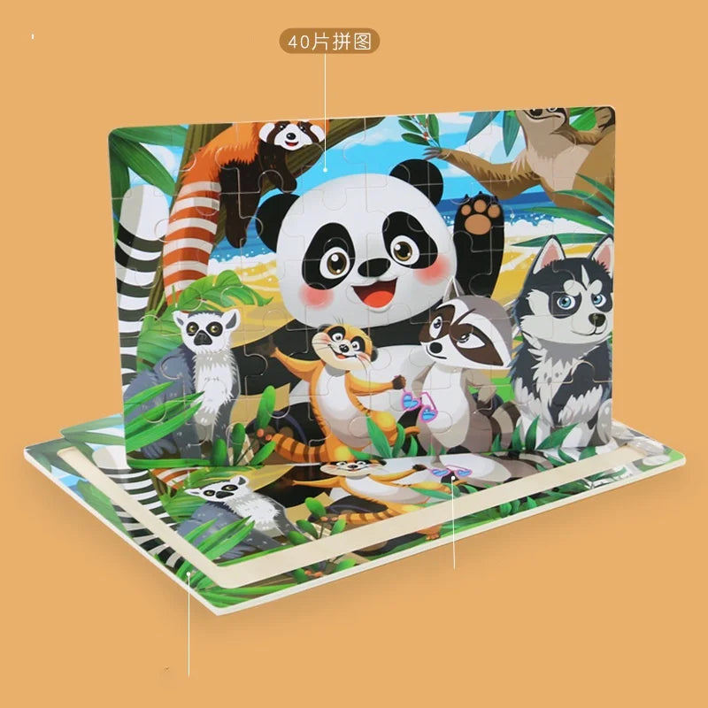 Children 40Piece Montessori Toys Wooden Puzzles Cartoon Animal/vehicle Intelligence Jigsaw 3d Puzzles Educational Toys
