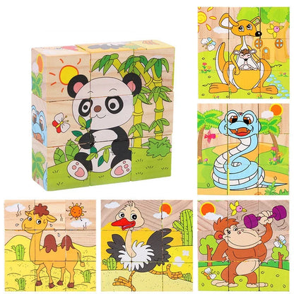 Early Learning Educational Toys Baby Wooden Blocks Toys Animal Fruit Traffic Cognize Children Six Side Cube Jigsaw Puzzles Game