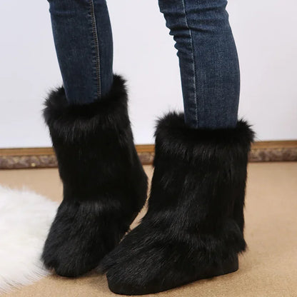 Fashionable Colored Plush Snow Boots Women Winter New Fox Long Hair Comfortable Cotton Shoes Anti Slip Wear-resistant Flat Shoes
