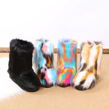 Fashionable Colored Plush Snow Boots Women Winter New Fox Long Hair Comfortable Cotton Shoes Anti Slip Wear-resistant Flat Shoes