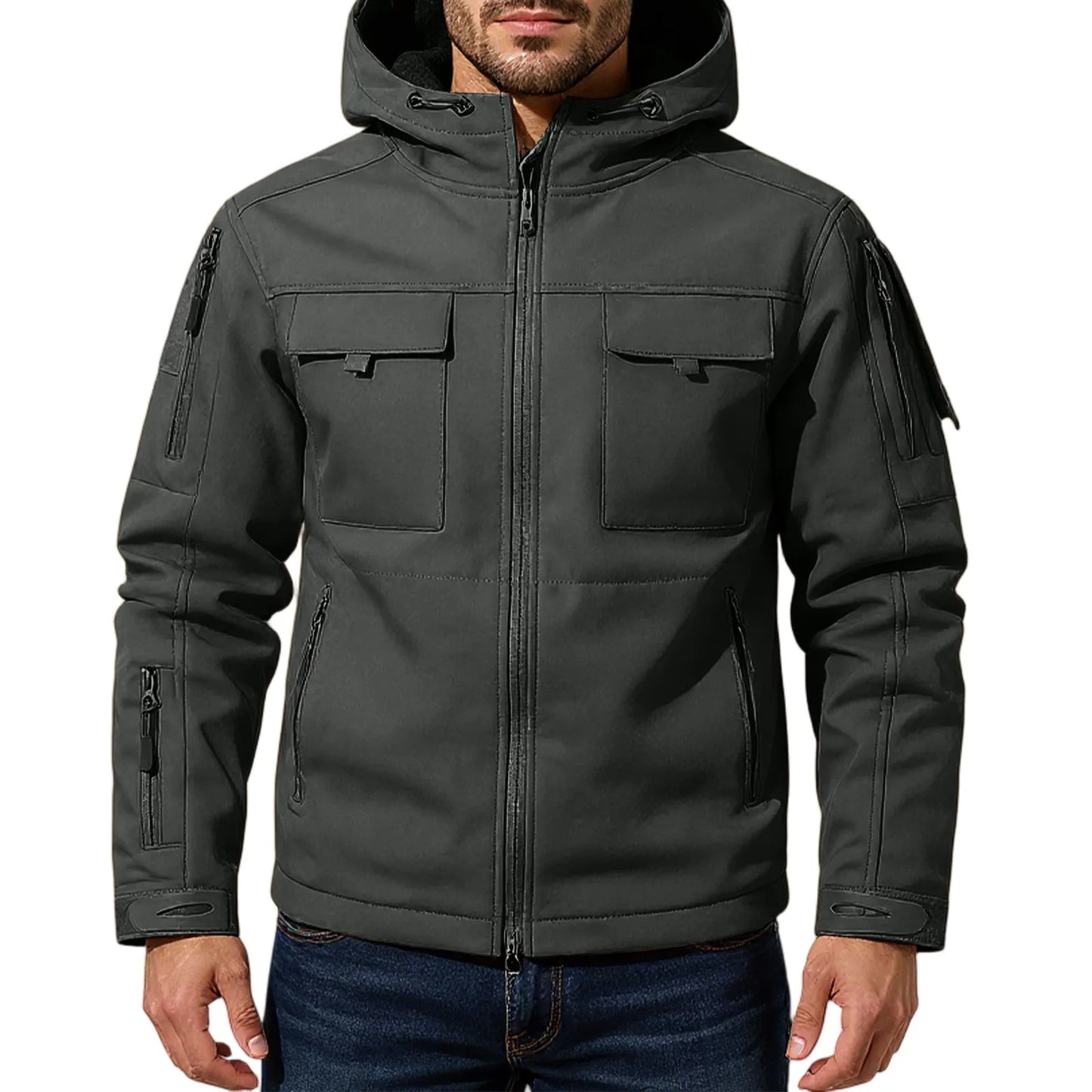 Mens workwear jacket loose fit hooded windbreaker outdoor casual streetwear stylish waterproof trekking coat rugged fashion