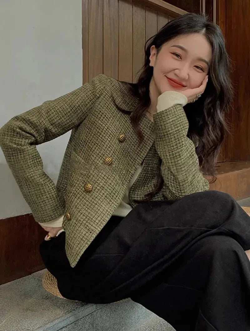 Vintage French Style Cropped Coat Women Korean Fashion Double-Breasted Tweed Jackets Ladies Streetwear Y2K Round Collar Outwear