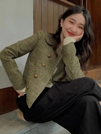 Vintage French Style Cropped Coat Women Korean Fashion Double-Breasted Tweed Jackets Ladies Streetwear Y2K Round Collar Outwear