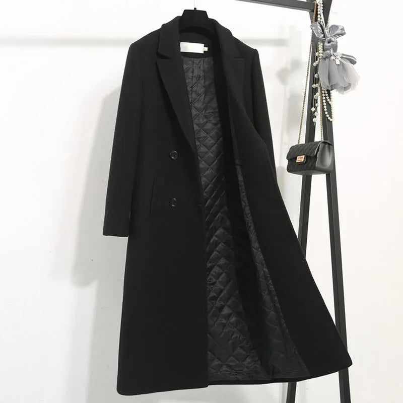 Women's Classic Black Woolen Coat Female Mid-Length Jacket New Korean Version Thicken Woolen Blend Overcoat Autumn Winter