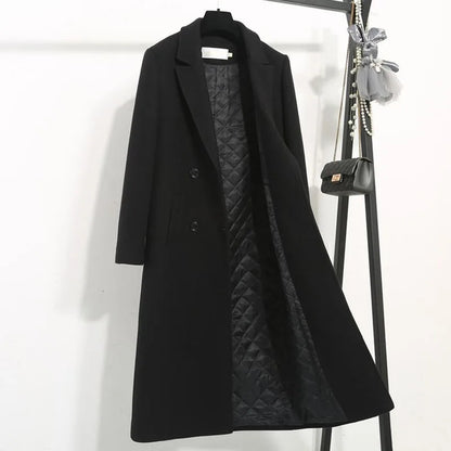 Women's Classic Black Woolen Coat Female Mid-Length Jacket New Korean Version Thicken Woolen Blend Overcoat Autumn Winter