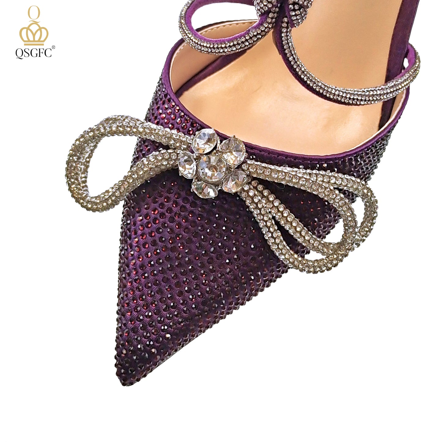 QSGFC Latest Party Women's Shoes and Bags Set Pointed Toe High Heels Full Upper Inlaid D.Purple Color Rhinestones