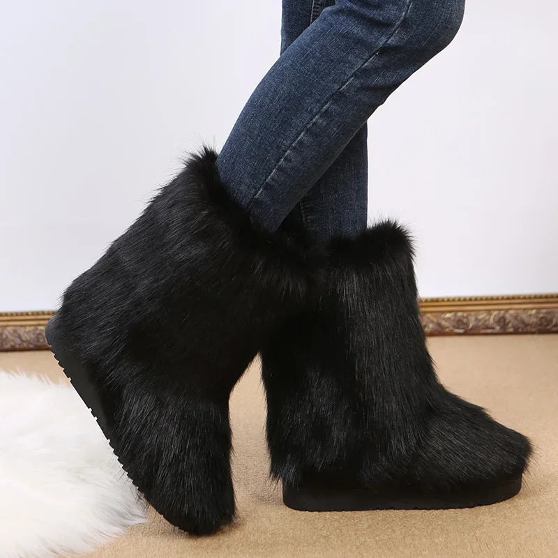 Fashionable Colored Plush Snow Boots Women Winter New Fox Long Hair Comfortable Cotton Shoes Anti Slip Wear-resistant Flat Shoes
