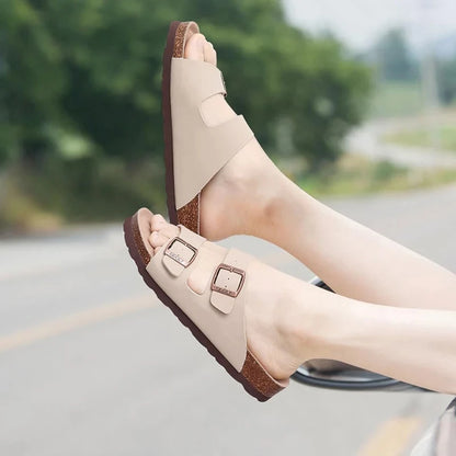 Crestar Classic Women's Cork Slippers Fashion Double Buckle Outdoor Beach Sandal Cork Footbed Leather Sandals Unisex Clogs Shoes