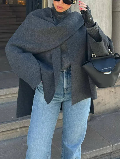 Knitted Short Coat Jacket Shawl Fashion Loose Casual Sleeved Coat Autumn Lady Cape Scarf Collar Outwear Pullover Sweater
