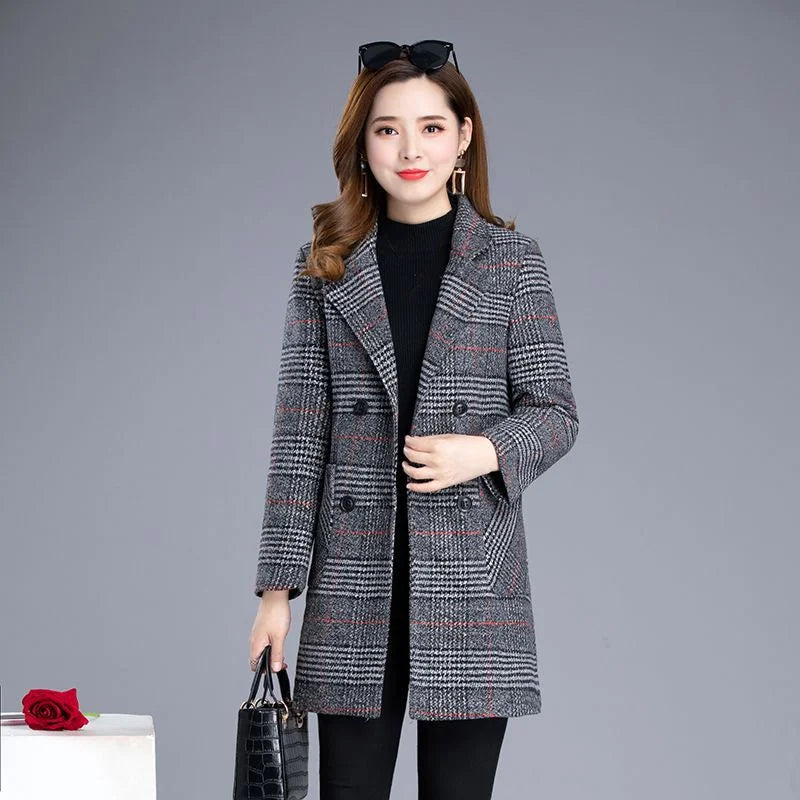 2025 Woolen Coat Women's Autumn Winter Middle-aged Plaid Woolen Blended Coat Elegant Slim Women Jacket Outerwear Overcoat Female