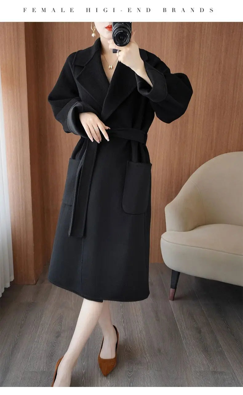 100% Wool Coat Women's Wear 2025 Autumn/Winter Fashion Temperament Double sided Cashmere Coats with Belt Elegant Long Overcoat
