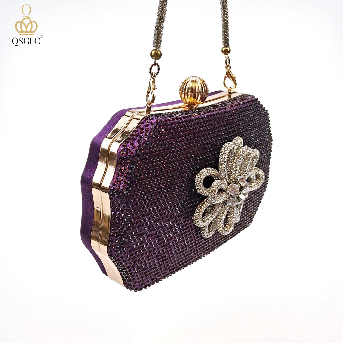 QSGFC Latest Party Women's Shoes and Bags Set Pointed Toe High Heels Full Upper Inlaid D.Purple Color Rhinestones
