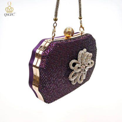 QSGFC Latest Party Women's Shoes and Bags Set Pointed Toe High Heels Full Upper Inlaid D.Purple Color Rhinestones