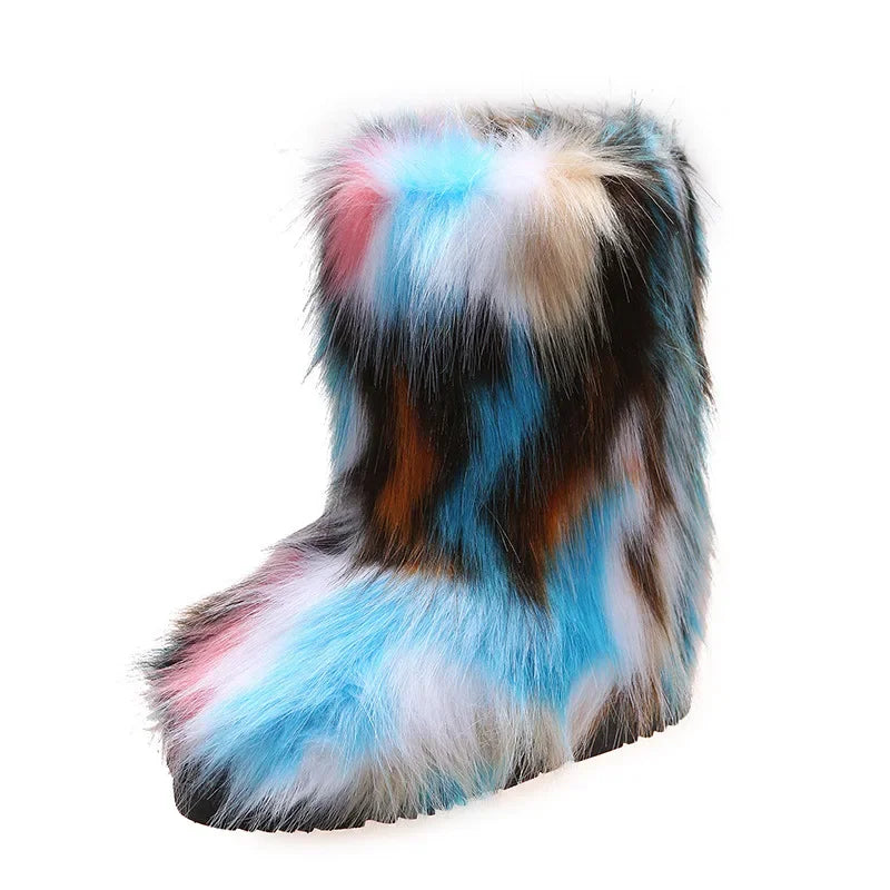 Fashionable Colored Plush Snow Boots Women Winter New Fox Long Hair Comfortable Cotton Shoes Anti Slip Wear-resistant Flat Shoes