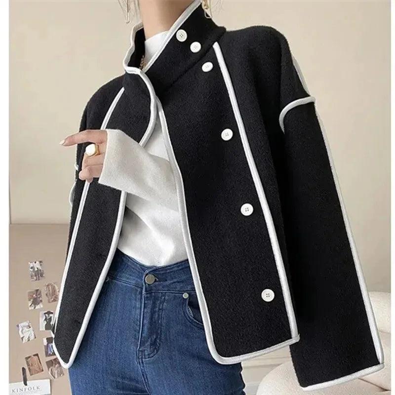 New Women's Double-Sided Woolen Coat Autumn Winter Loose Short Cardigan Outerwear Female Casual Stand-up Collar Jacket Top 3XL