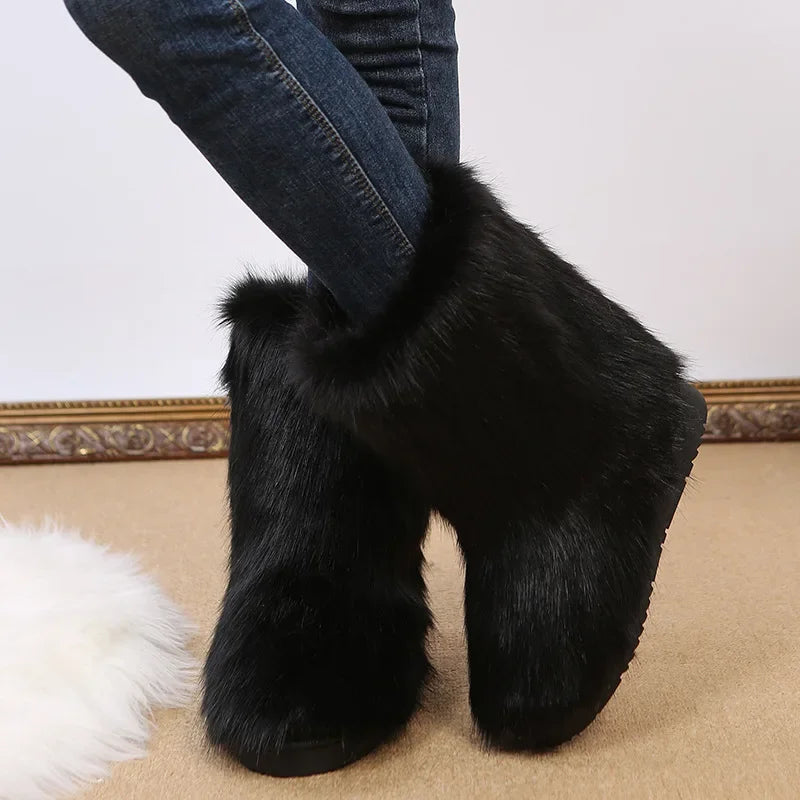 Fashionable Colored Plush Snow Boots Women Winter New Fox Long Hair Comfortable Cotton Shoes Anti Slip Wear-resistant Flat Shoes