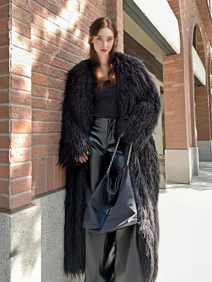Women'S Elegant Long Faux Fur Coat -  Casual & Comfortable with Pockets, Perfect for Fall/Winter Outdoor Wear, Stylish Long Coat