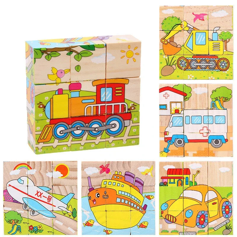 Early Learning Educational Toys Baby Wooden Blocks Toys Animal Fruit Traffic Cognize Children Six Side Cube Jigsaw Puzzles Game