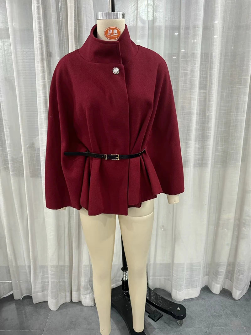 Women's Spring Fashion Cloak with Belt Simple Batwing Sleeves Adjustable Waist Strap Elegant Coat for Ladies