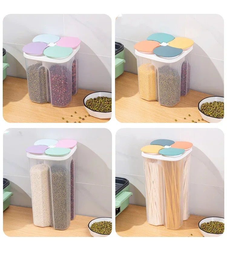 Upgrade Model Kitchen Cereals Storage Box Plastic 4 Grids Cereals Sealed Jar Food Container Moisture-proof Grain Tank