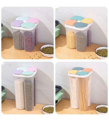 Upgrade Model Kitchen Cereals Storage Box Plastic 4 Grids Cereals Sealed Jar Food Container Moisture-proof Grain Tank