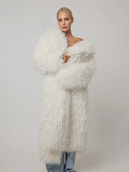 Women'S Elegant Long Faux Fur Coat -  Casual & Comfortable with Pockets, Perfect for Fall/Winter Outdoor Wear, Stylish Long Coat
