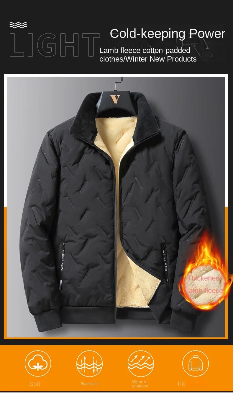 Men's winter faux wool cotton coat thick cotton coat warm and casual versatile loose and oversized stand up collar cotton coat