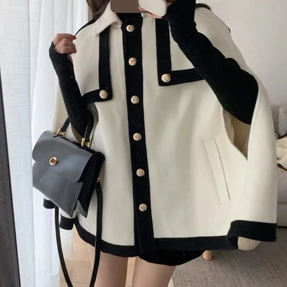 Poncho Cloak French Cape Imitation Wool Coat Women's New Loose Short Coat Fashion Leisure Lady Spring and Autumn Party Banquet