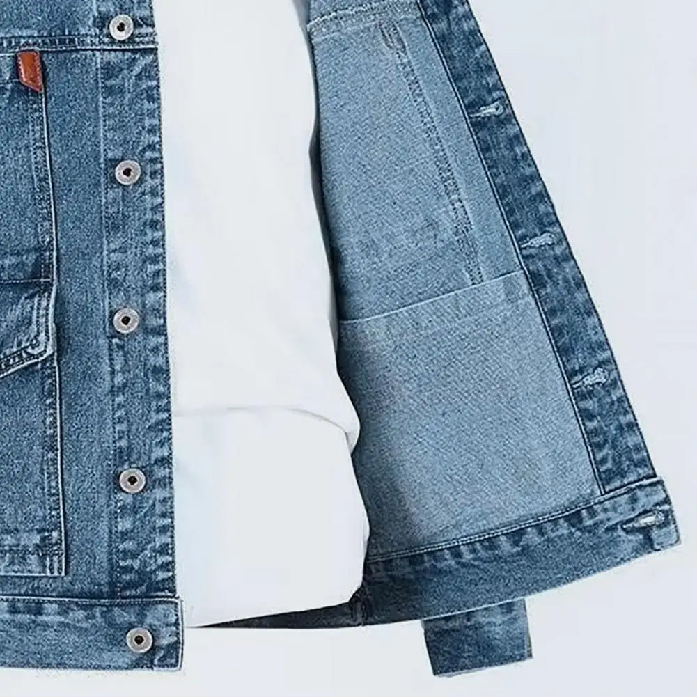 Trendy Denim Jacket Turn-down Collar Men Coat Long Sleeves Mid Length Spring Denim Coat  Thermal