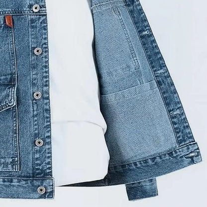 Trendy Denim Jacket Turn-down Collar Men Coat Long Sleeves Mid Length Spring Denim Coat  Thermal