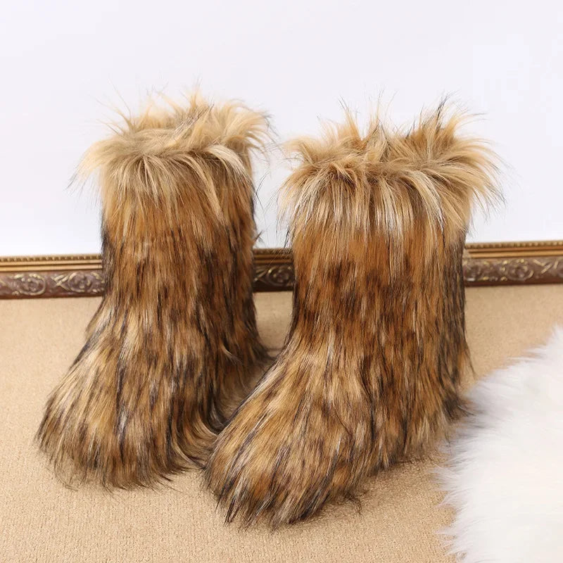 Fashionable Colored Plush Snow Boots Women Winter New Fox Long Hair Comfortable Cotton Shoes Anti Slip Wear-resistant Flat Shoes