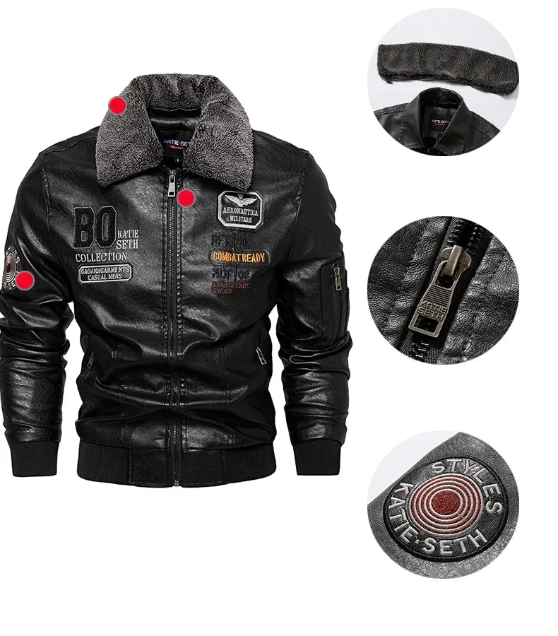 Men's Leather Jacket Fashion High-Quality Detachable Fur Collar Autumn And Winter Thick Coat Original Embroidered Men Clothing