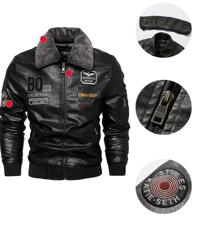 Men's Leather Jacket Fashion High-Quality Detachable Fur Collar Autumn And Winter Thick Coat Original Embroidered Men Clothing