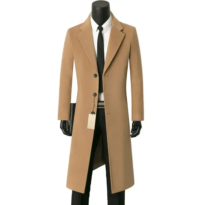 Men's Medium Length Woolen Coat, Business Casual  Warm Windbreaker, Suit Collar, Dad, Autumn, Winter