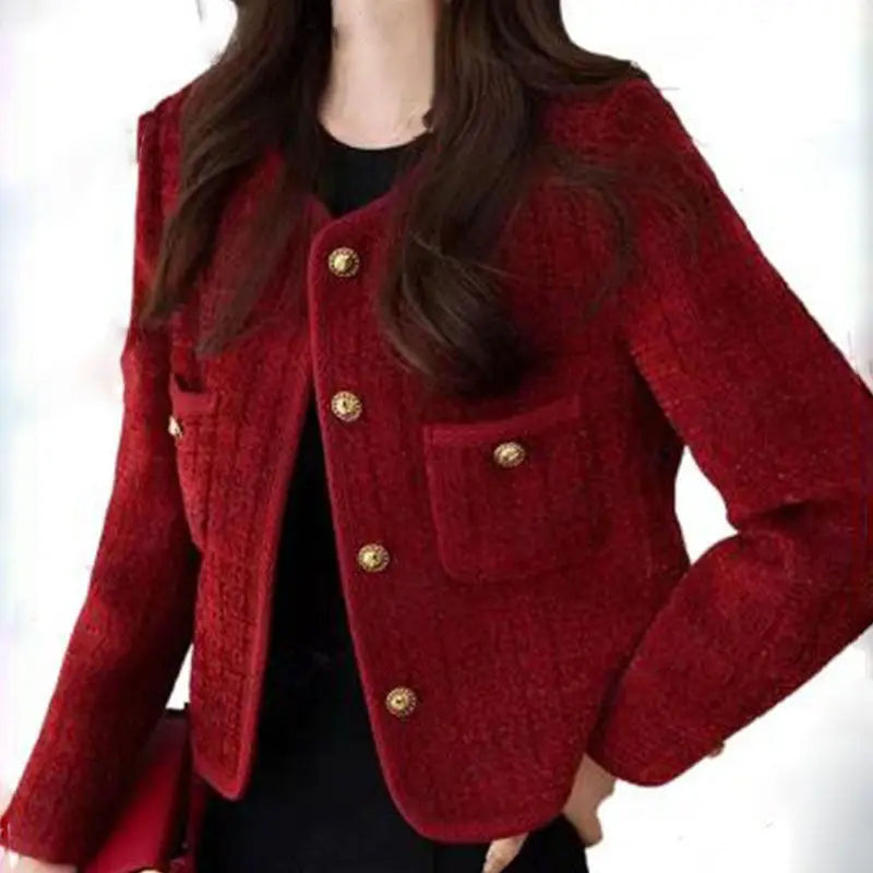 2025 New Burgundy Coat for Women in Autumn and Winter French Temperament Versatile Tweed Versatile Top
