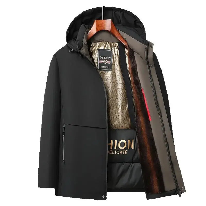 Men Winter Thick Warm Parka Coat Fleece Inside Male Solid Color Hooded Thick Jacket  Men's Middle Long Coat Size