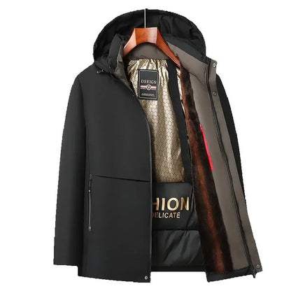 Men Winter Thick Warm Parka Coat Fleece Inside Male Solid Color Hooded Thick Jacket  Men's Middle Long Coat Size