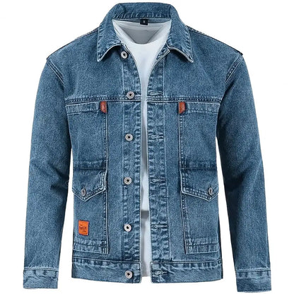 Trendy Denim Jacket Turn-down Collar Men Coat Long Sleeves Mid Length Spring Denim Coat  Thermal