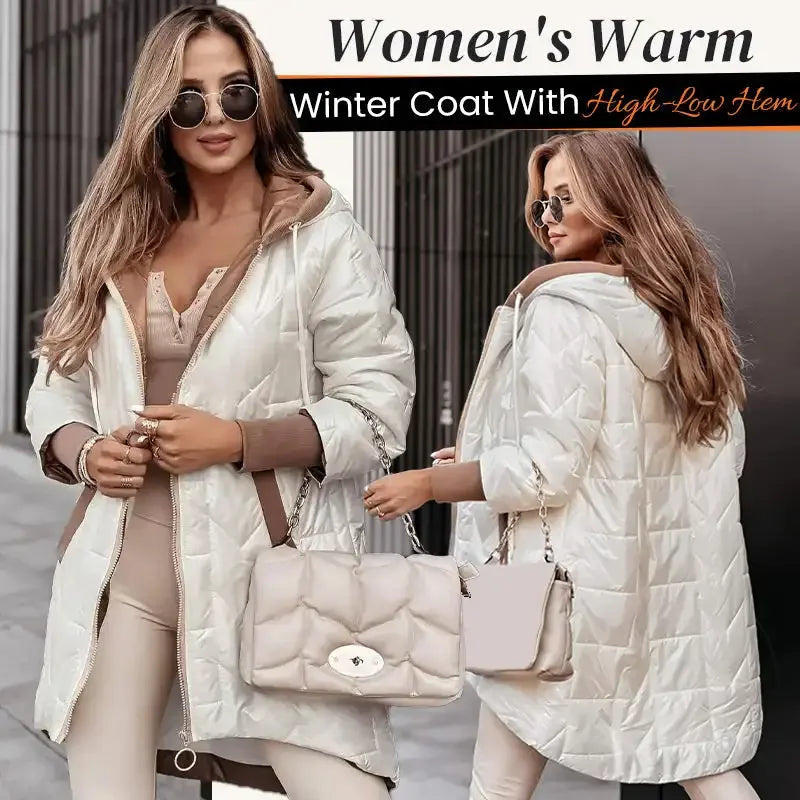 Hot Women's Warm Winter Coat Hooded Cotton Jacket Mid Long Winter Warm Coat with Pockets with High-Low Hem
