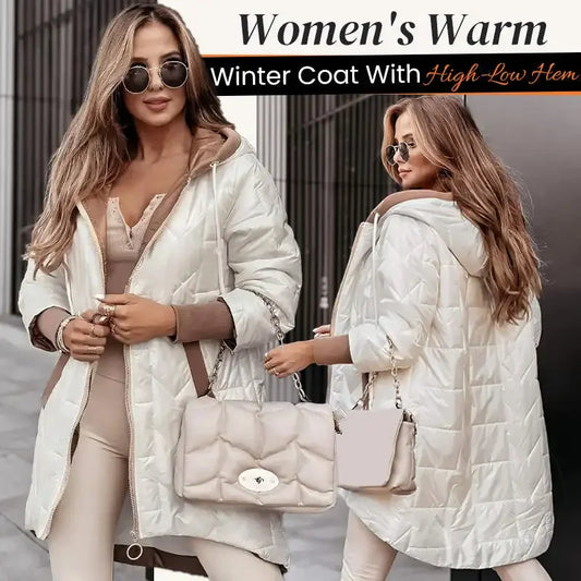 Hot Women's Warm Winter Coat Hooded Cotton Jacket Mid Long Winter Warm Coat with Pockets with High-Low Hem