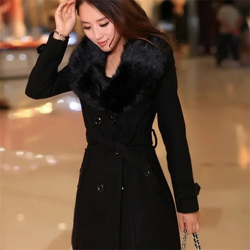 Korean Fashion Women Casual Loose Woolen Coat Elegant and Chic Solid Outerwear Long Overcoat with Belted Female Warm Cloak