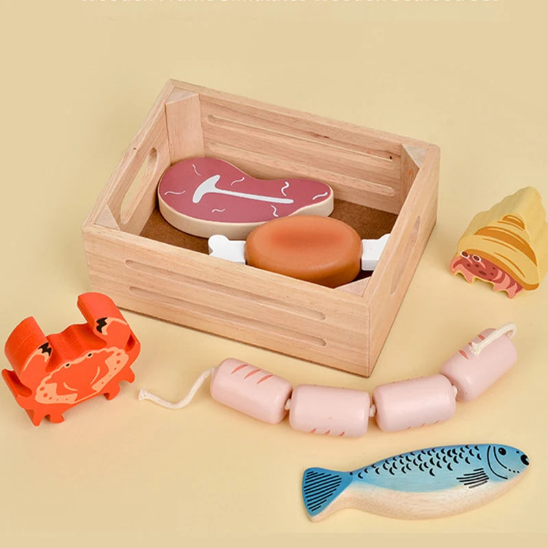 Children Wooden Kitchen Dessert Making Toys Pretend Play Montessori Fruits Vegetables Seafood Simulation Food Set Toys for Girls