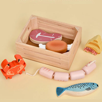 Children Wooden Kitchen Dessert Making Toys Pretend Play Montessori Fruits Vegetables Seafood Simulation Food Set Toys for Girls