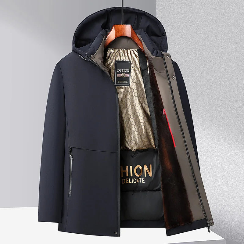 Men Winter Thick Warm Parka Coat Fleece Inside Male Solid Color Hooded Thick Jacket  Men's Middle Long Coat Size
