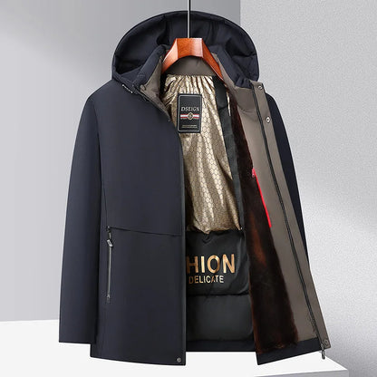 Men Winter Thick Warm Parka Coat Fleece Inside Male Solid Color Hooded Thick Jacket  Men's Middle Long Coat Size