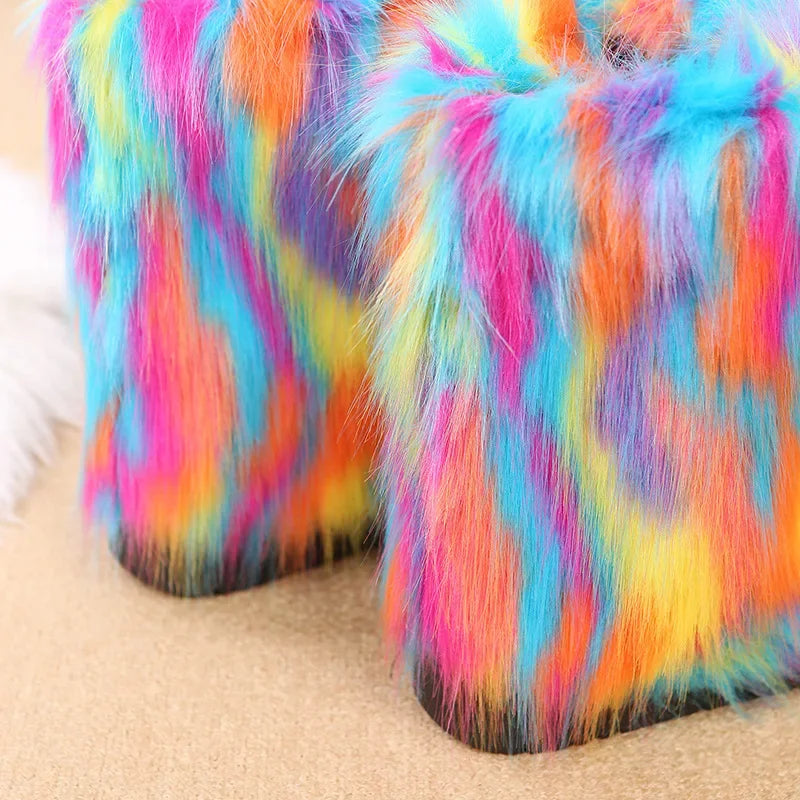 Fashionable Colored Plush Snow Boots Women Winter New Fox Long Hair Comfortable Cotton Shoes Anti Slip Wear-resistant Flat Shoes