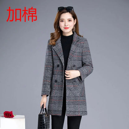 2025 Woolen Coat Women's Autumn Winter Middle-aged Plaid Woolen Blended Coat Elegant Slim Women Jacket Outerwear Overcoat Female