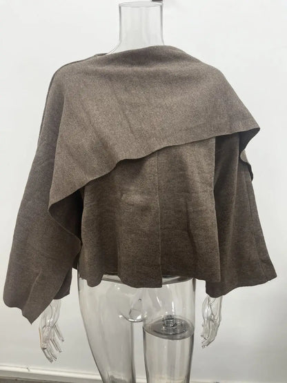 Knitted Short Coat Jacket Shawl Fashion Loose Casual Sleeved Coat Autumn Lady Cape Scarf Collar Outwear Pullover Sweater